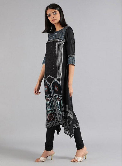 Black Round Neck Glitter Print kurta - wforwoman