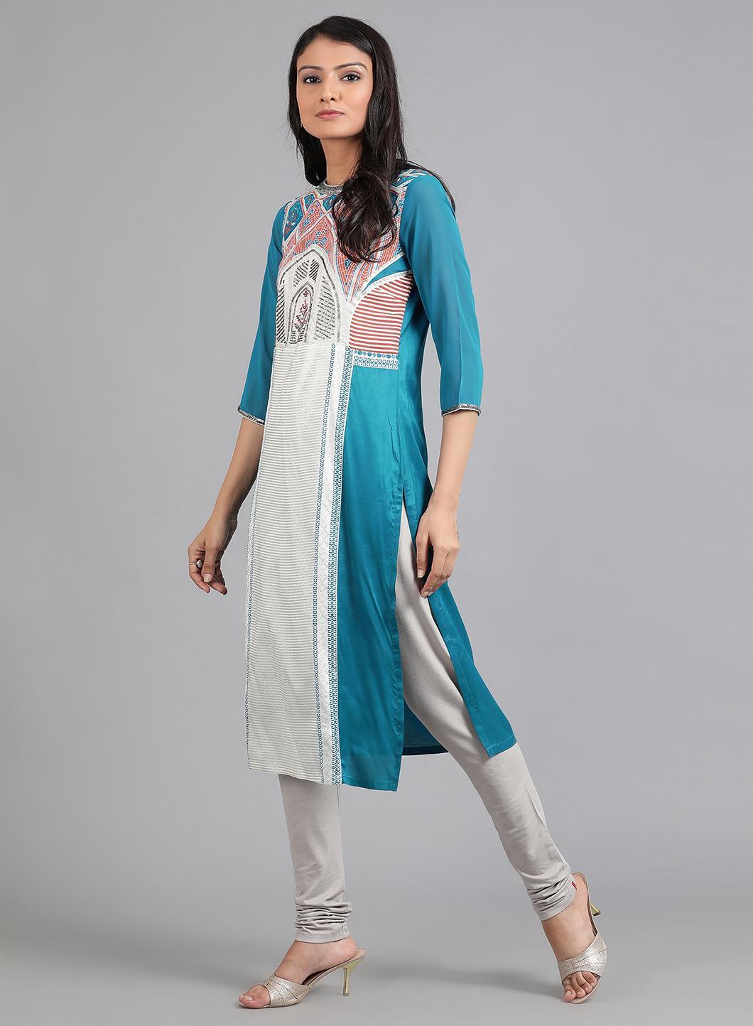 Blue Round Neck Printed kurta - wforwoman