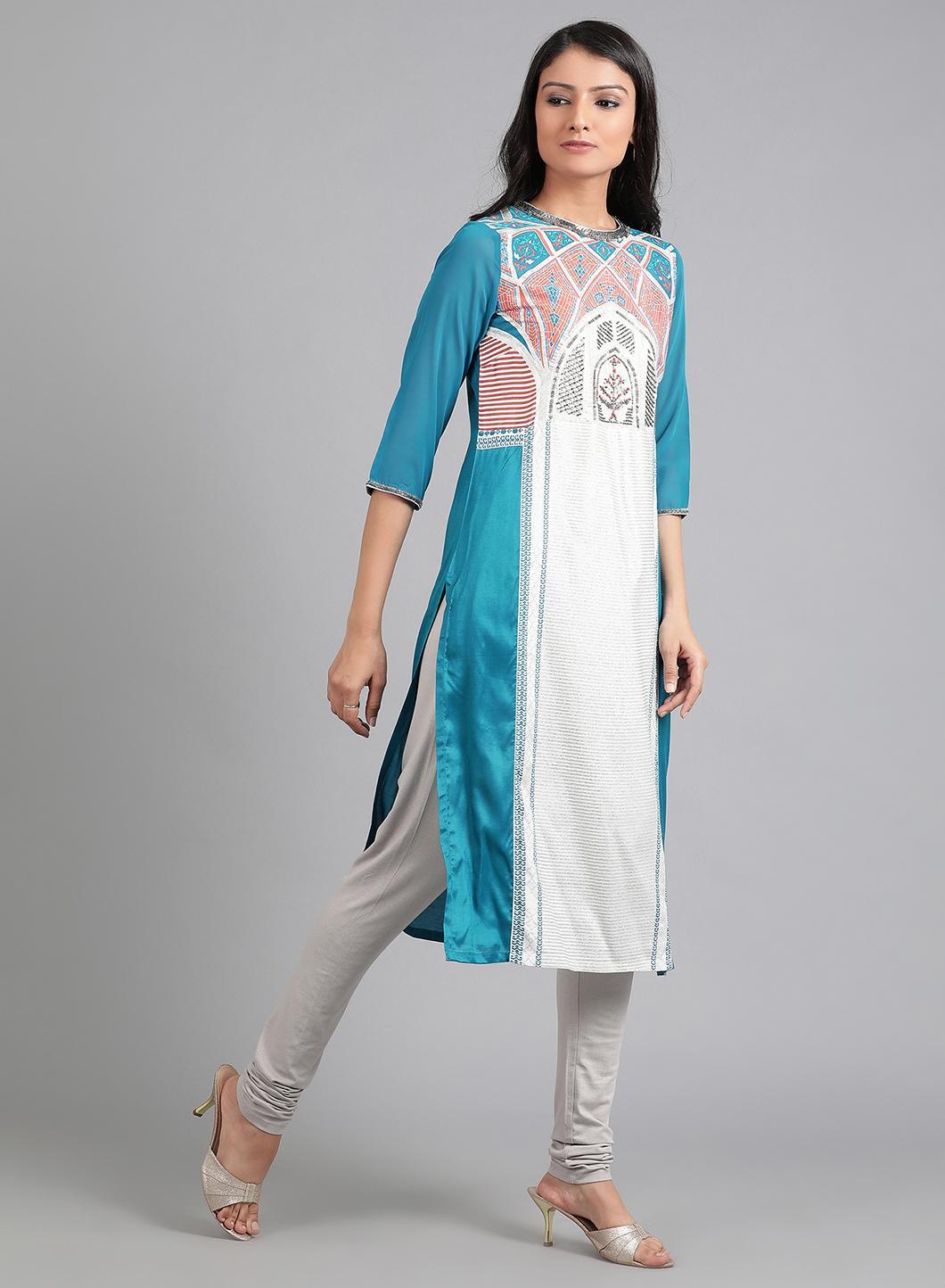 Blue Round Neck Printed kurta - wforwoman