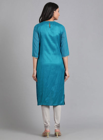 Blue Round Neck Printed kurta - wforwoman