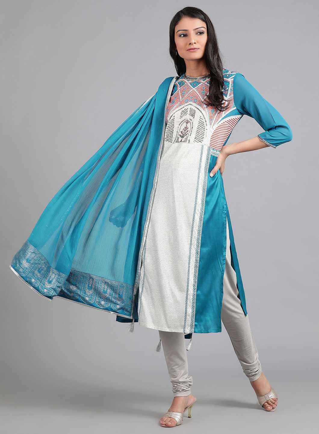 Blue Round Neck Printed kurta - wforwoman