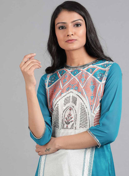 Blue Round Neck Printed kurta - wforwoman