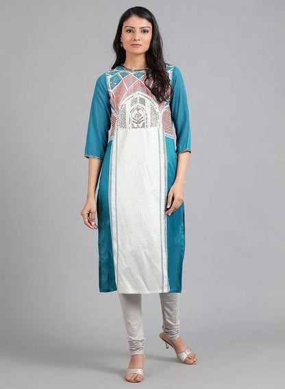 Blue Round Neck Printed kurta - wforwoman