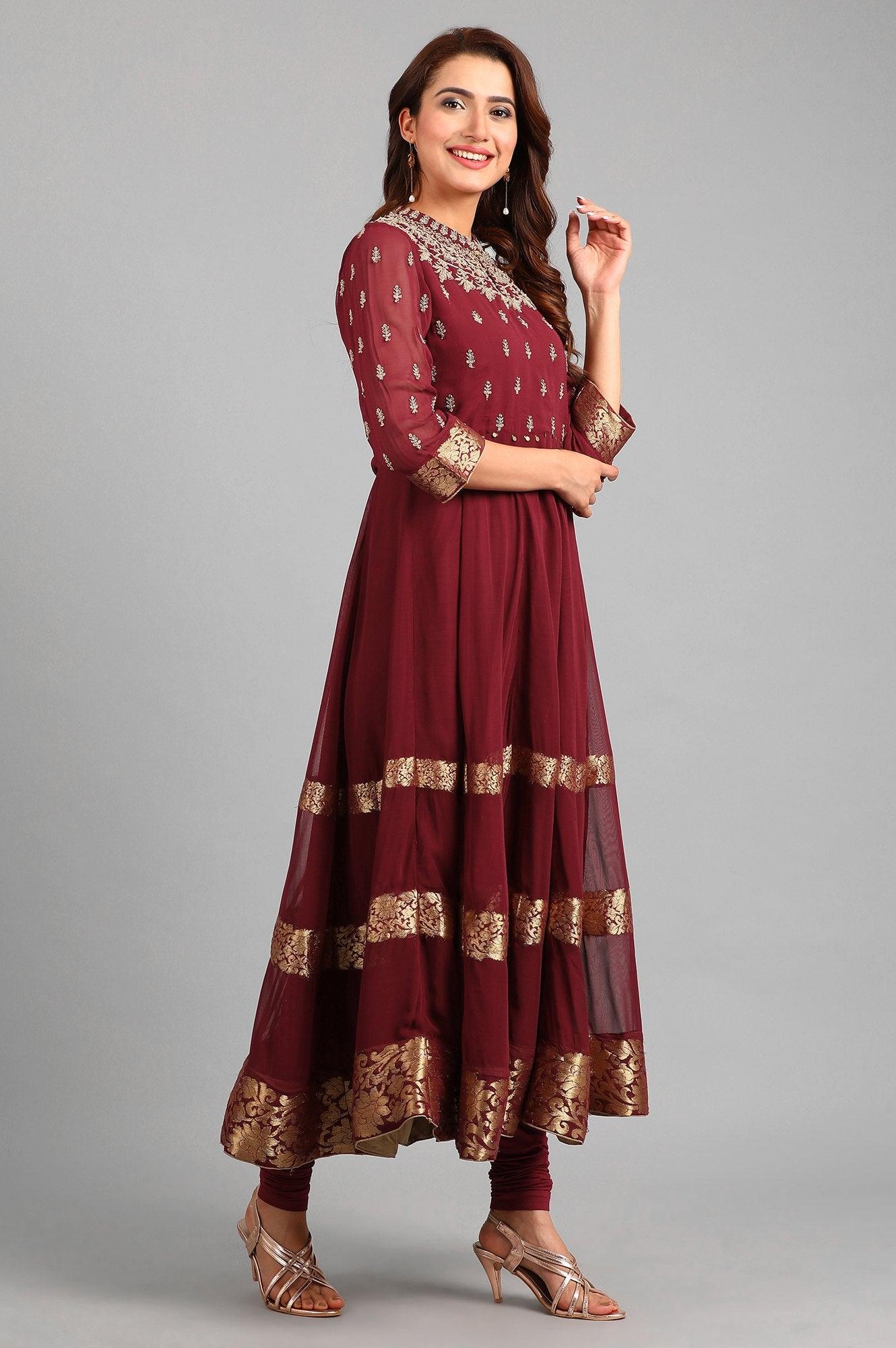 Maroon Mandarin Neck Yarn-dyed kurta Set - wforwoman