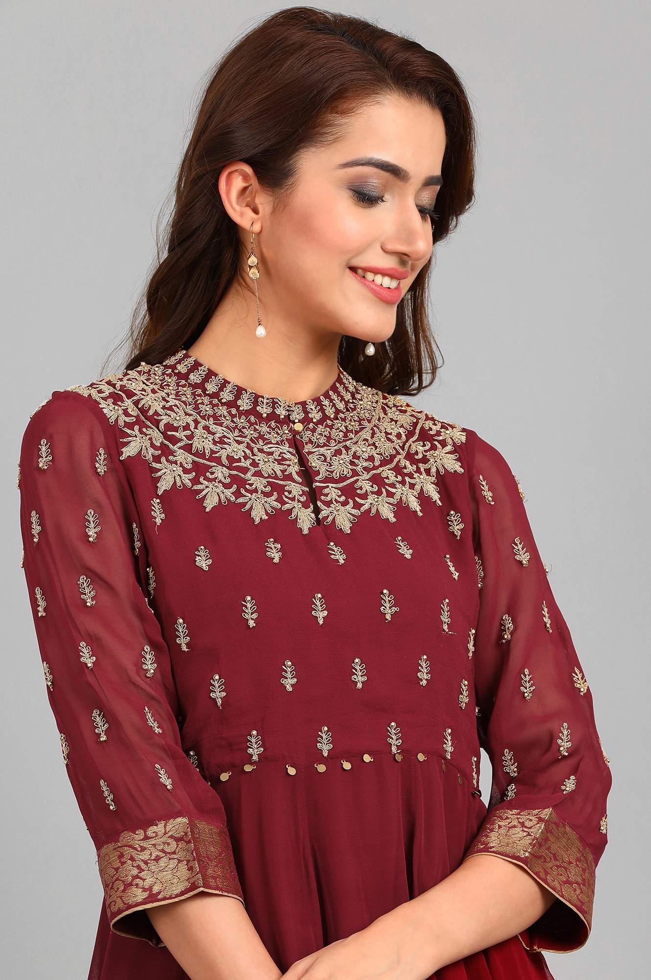 Maroon Mandarin Neck Yarn-dyed kurta Set - wforwoman