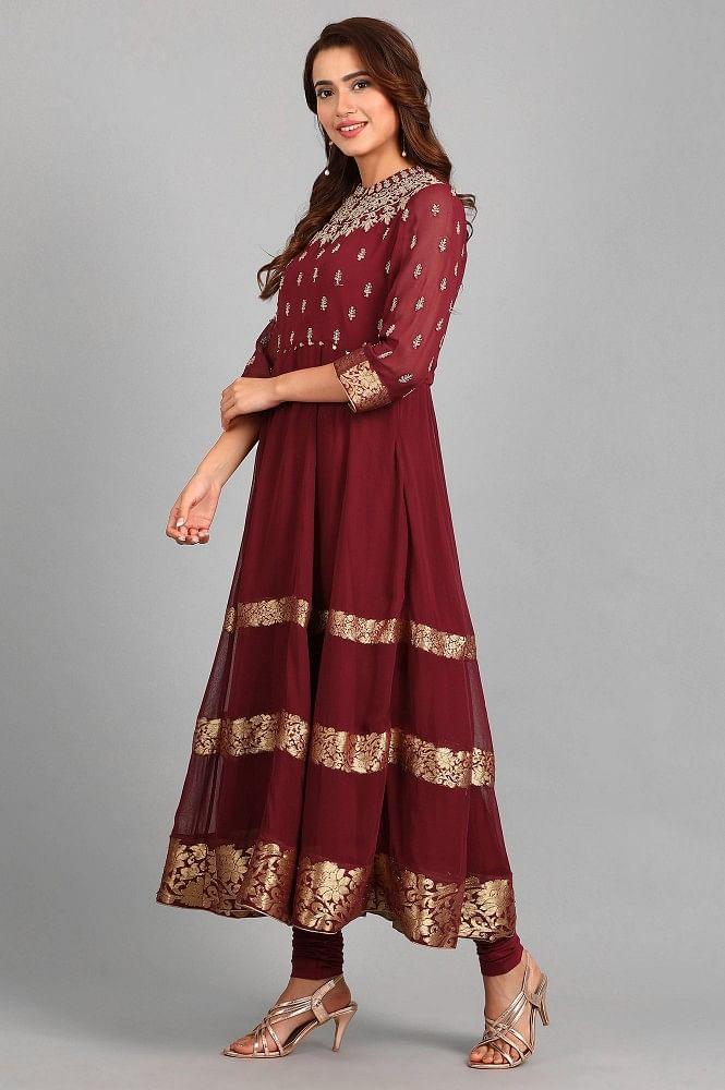 Maroon Mandarin Neck Yarn-dyed kurta Set - wforwoman