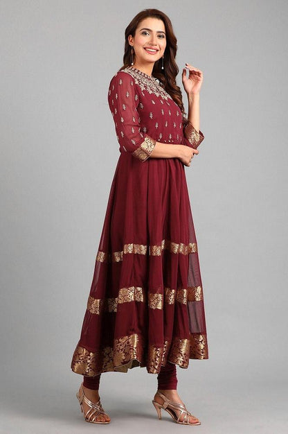 Maroon Mandarin Neck Yarn-dyed kurta Set - wforwoman