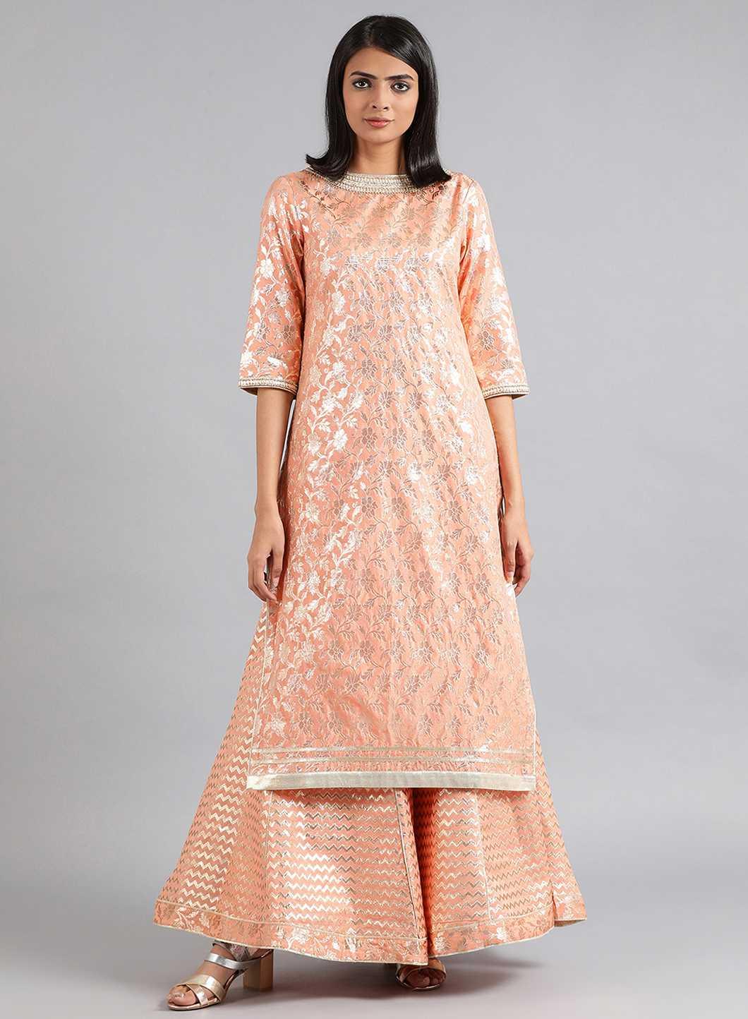 Peach Round Neck Embellished kurta Set - wforwoman