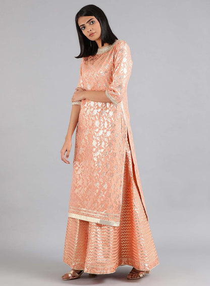 Peach Round Neck Embellished kurta Set - wforwoman