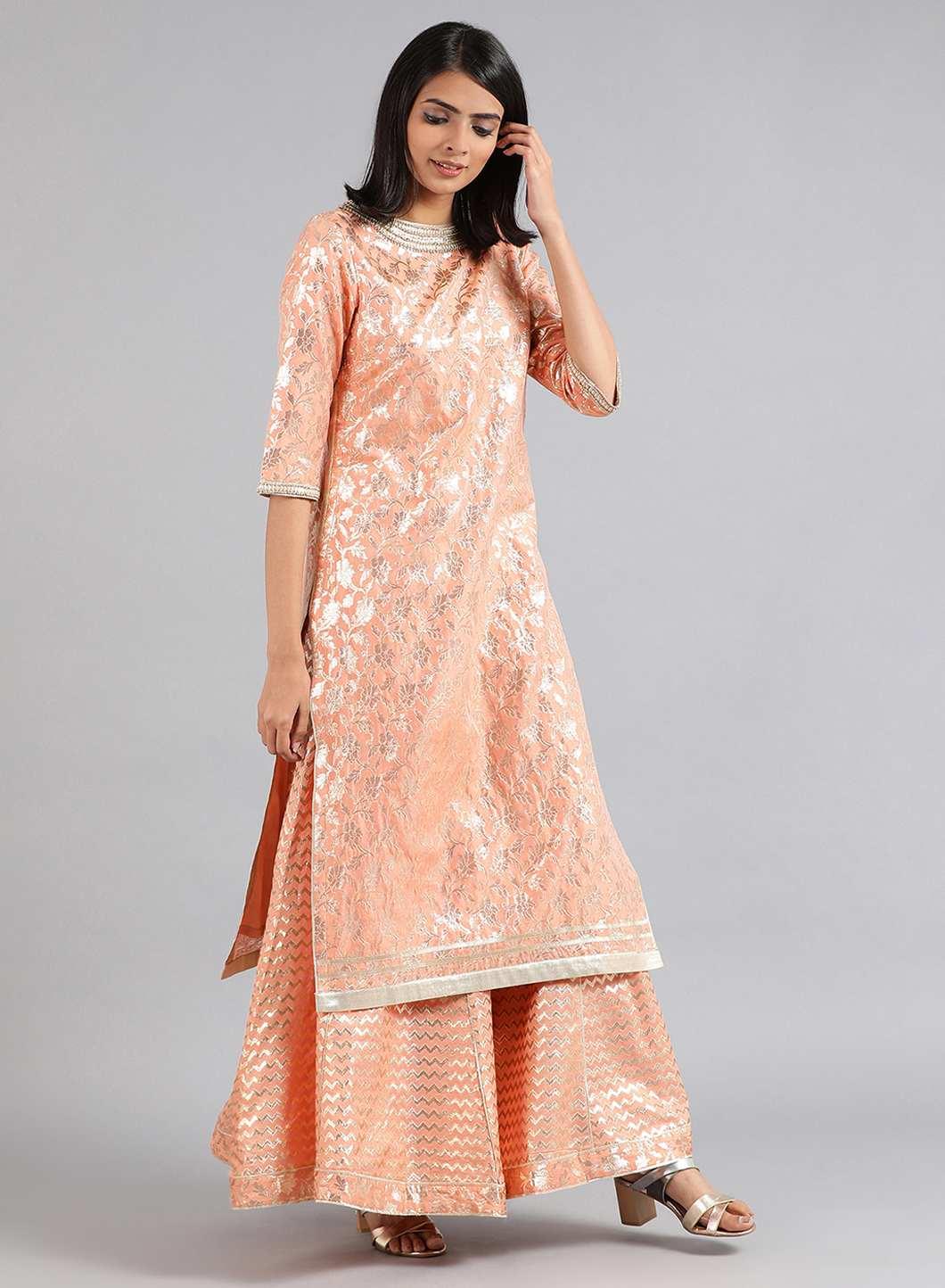 Peach Round Neck Embellished kurta Set - wforwoman