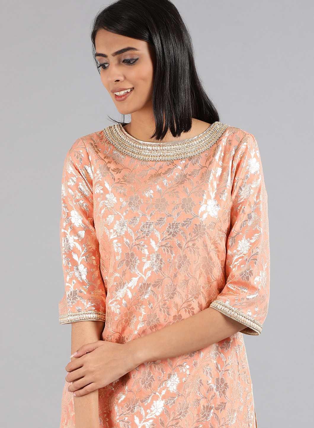 Peach Round Neck Embellished kurta Set - wforwoman