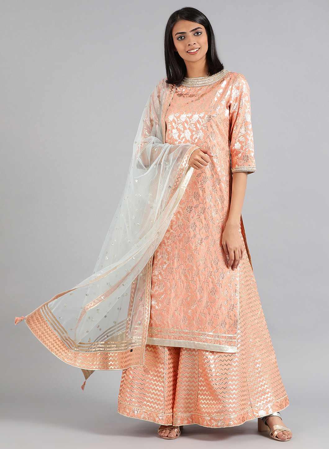 Peach Round Neck Embellished kurta Set - wforwoman