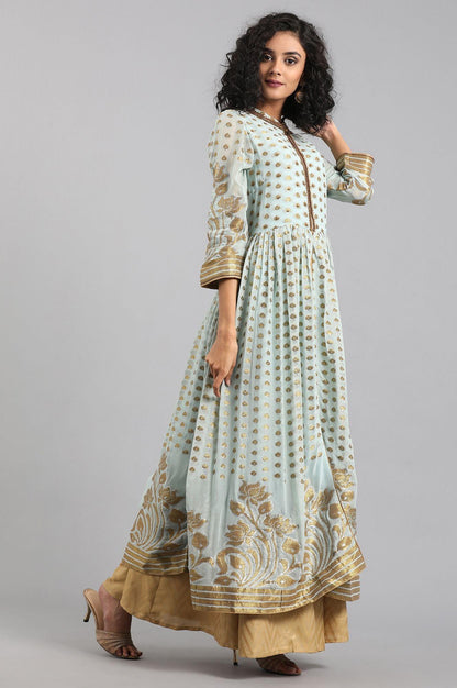 Blue Mandarin Collar Yarn-dyed kurta Set - wforwoman