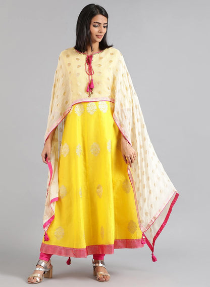 Yellow Round Neck Kaftan kurta Set - wforwoman