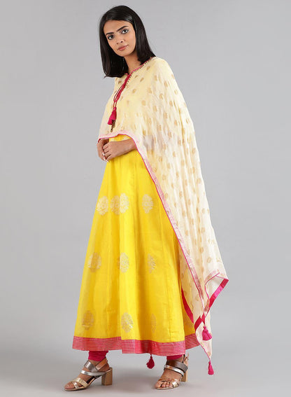 Yellow Round Neck Kaftan kurta Set - wforwoman