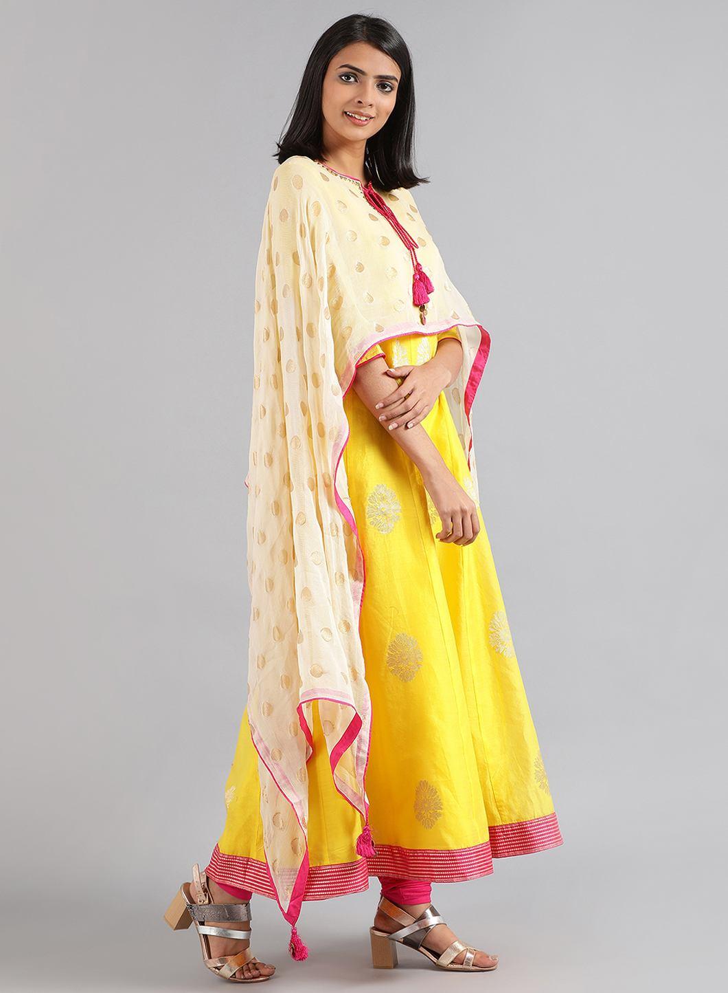 Yellow Round Neck Kaftan kurta Set - wforwoman