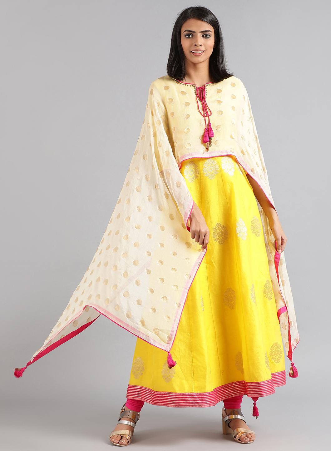 Yellow Round Neck Kaftan kurta Set - wforwoman