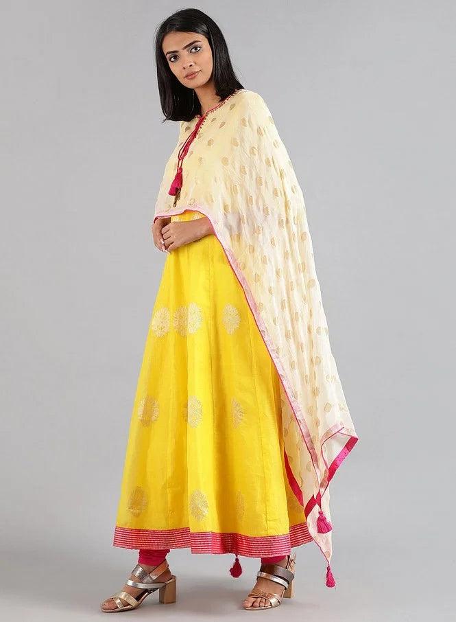 Yellow Round Neck Kaftan kurta Set - wforwoman