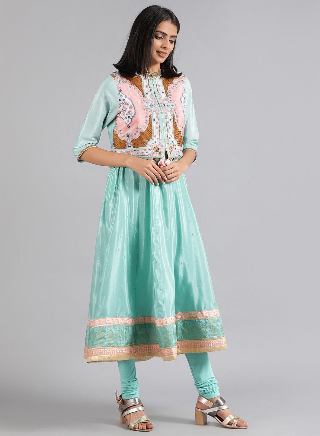 Green Mandarin Neck Printed kurta Set - wforwoman