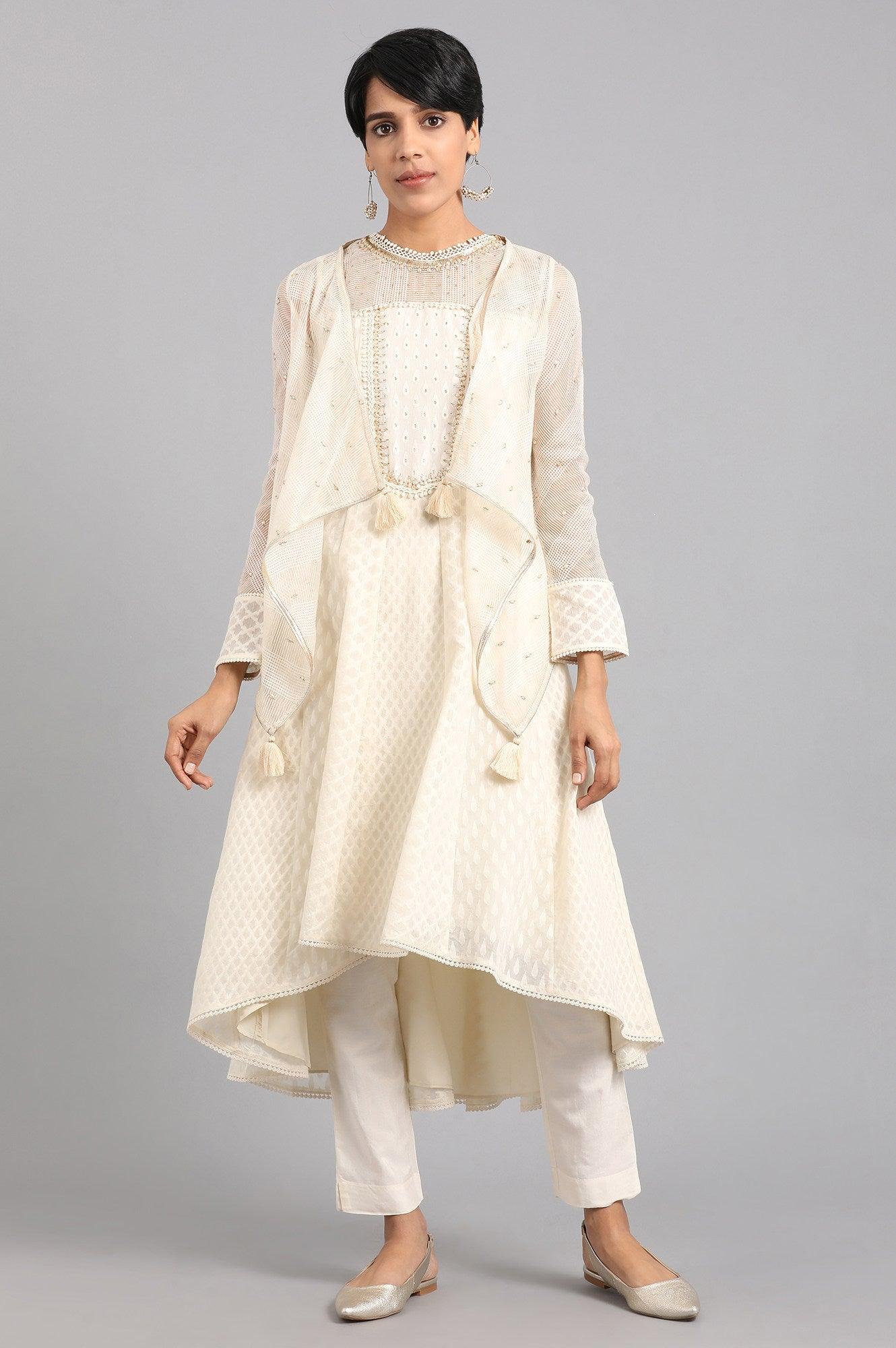 Off-White Round Neck Yarn-dyed kurta Set - wforwoman