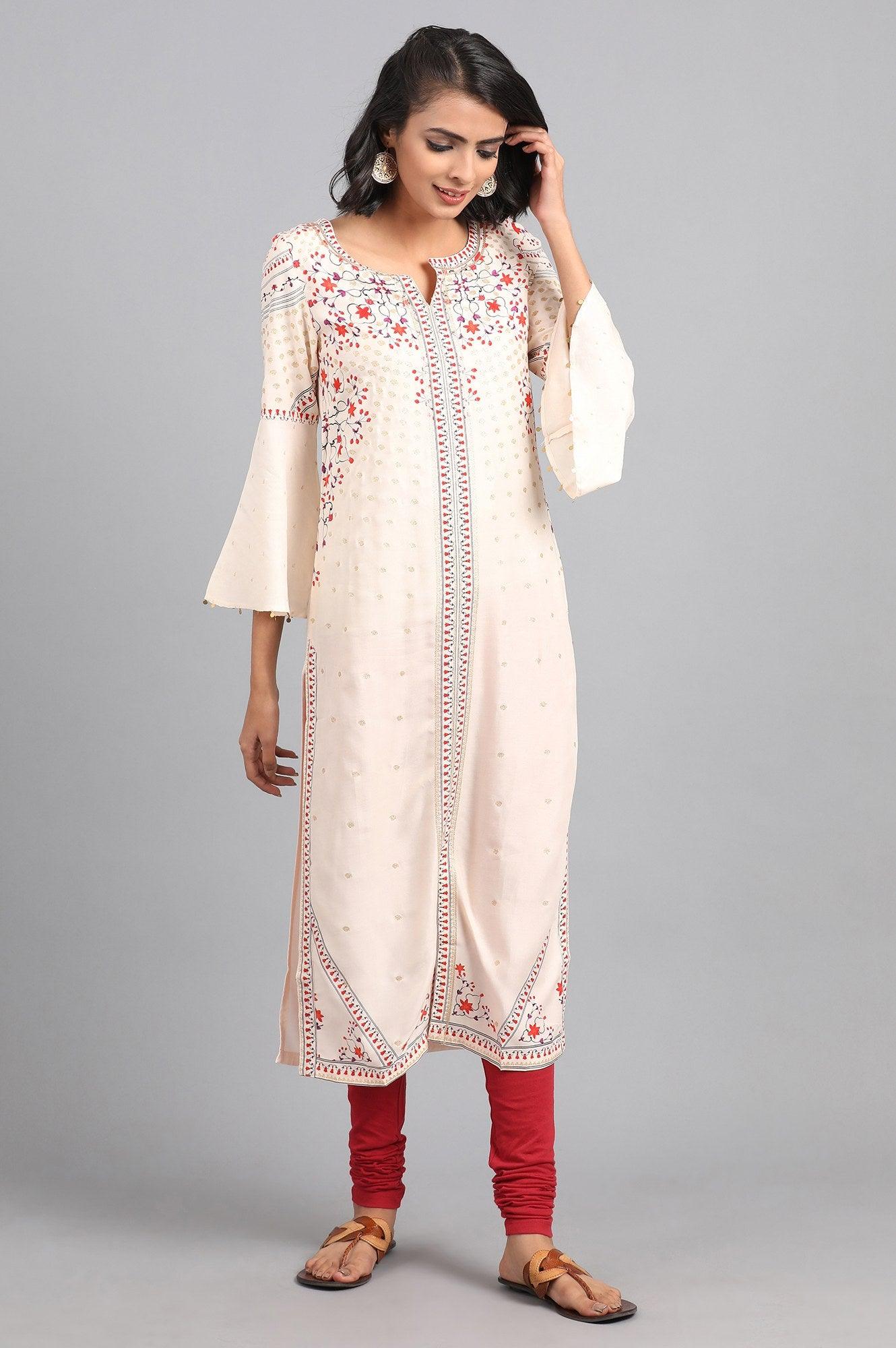 Ecru Round Neck Printed kurta - wforwoman