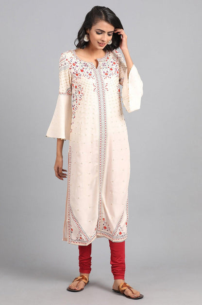 Ecru Round Neck Printed kurta - wforwoman