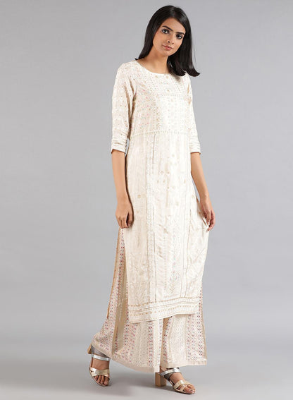 Beige Round Neck Printed kurta - wforwoman