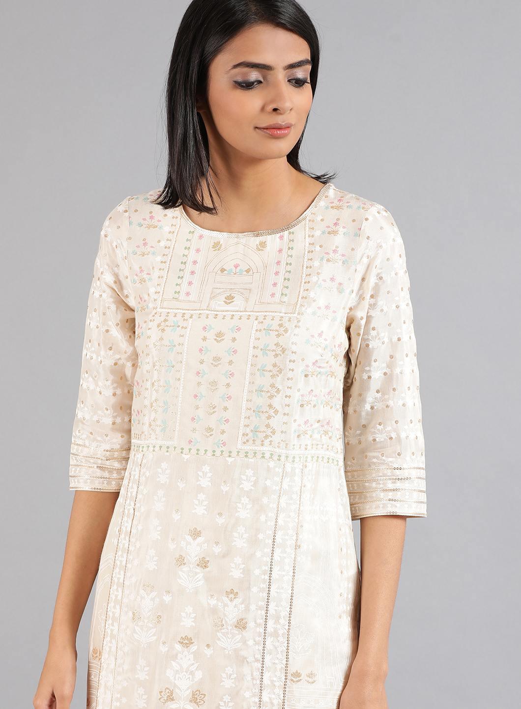 Beige Round Neck Printed kurta - wforwoman