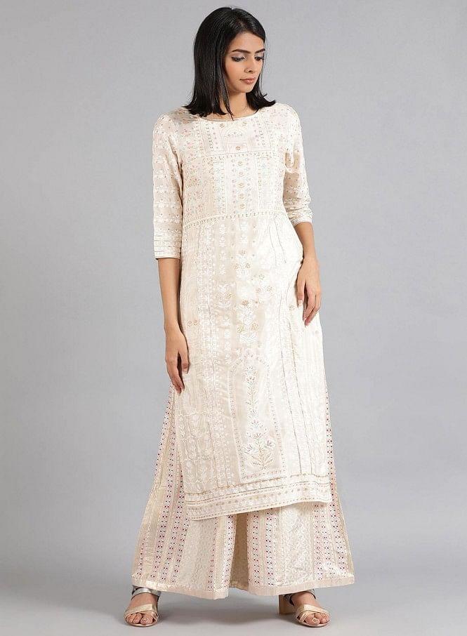 Beige Round Neck Printed kurta - wforwoman