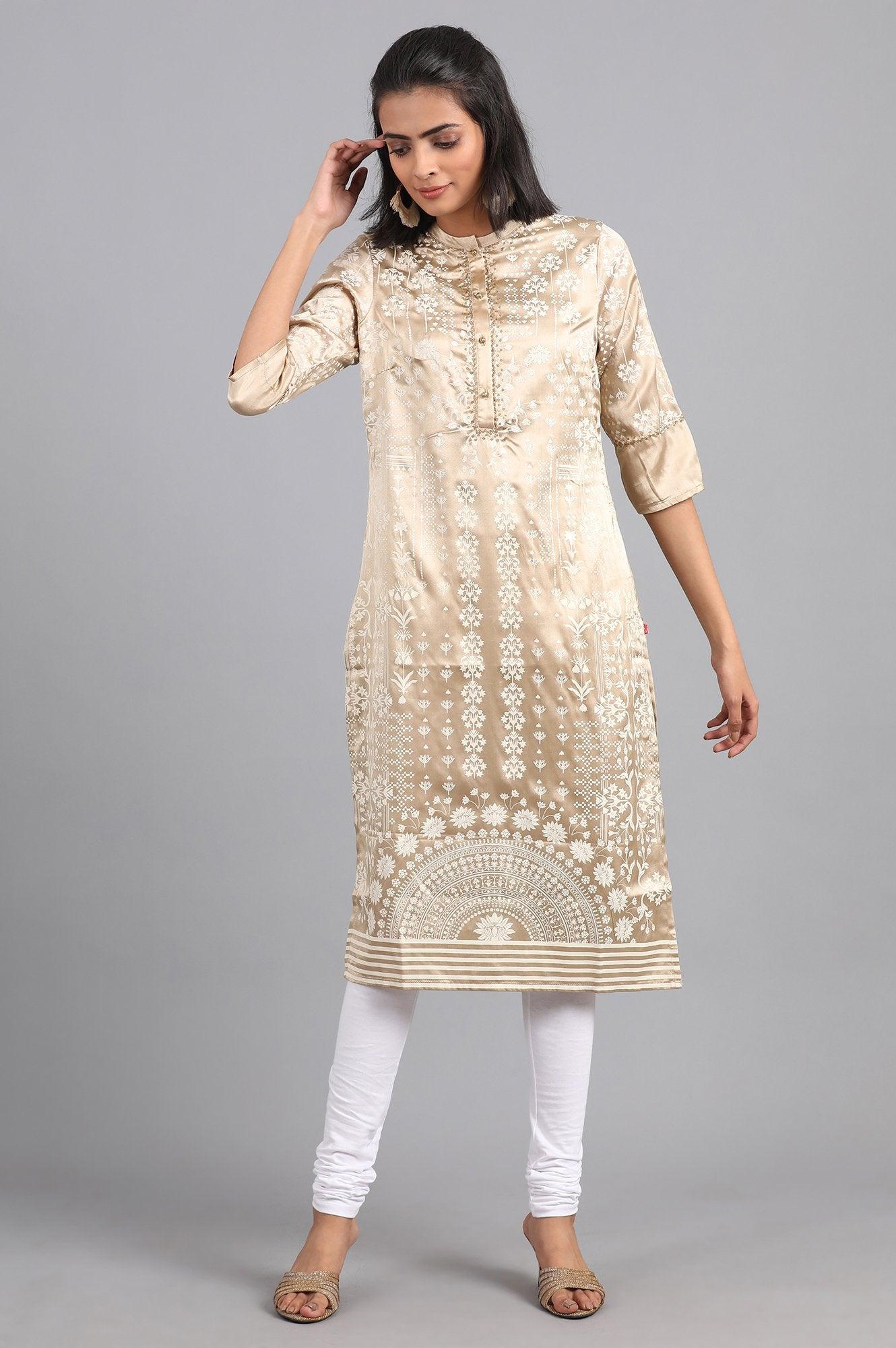 Golden Mandarin Neck Printed kurta - wforwoman