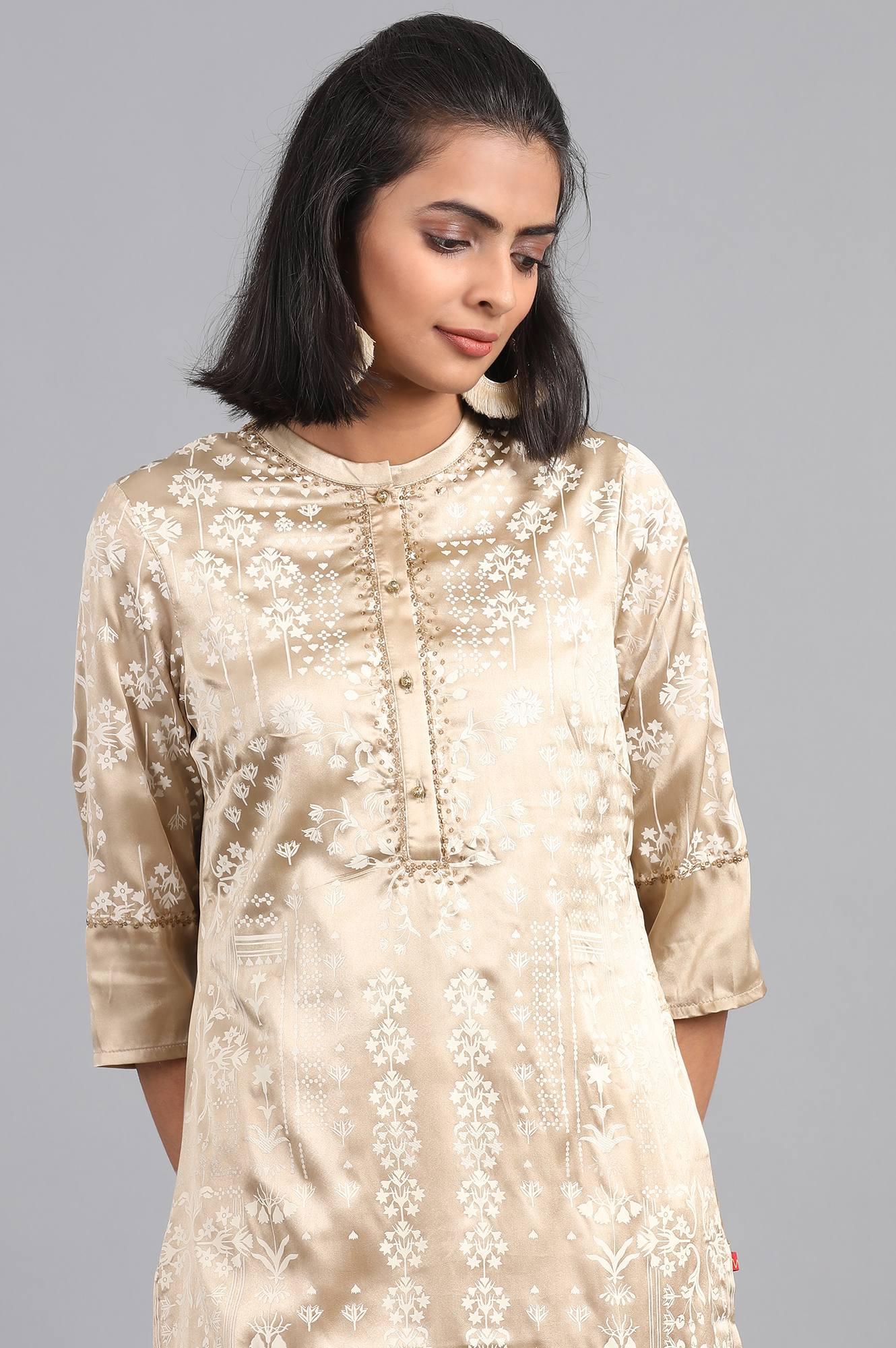 Golden Mandarin Neck Printed kurta - wforwoman