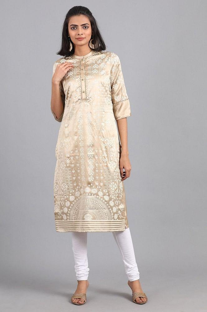 Golden Mandarin Neck Printed kurta - wforwoman