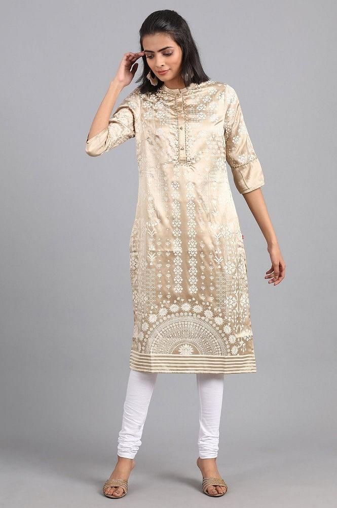 Golden Mandarin Neck Printed kurta - wforwoman