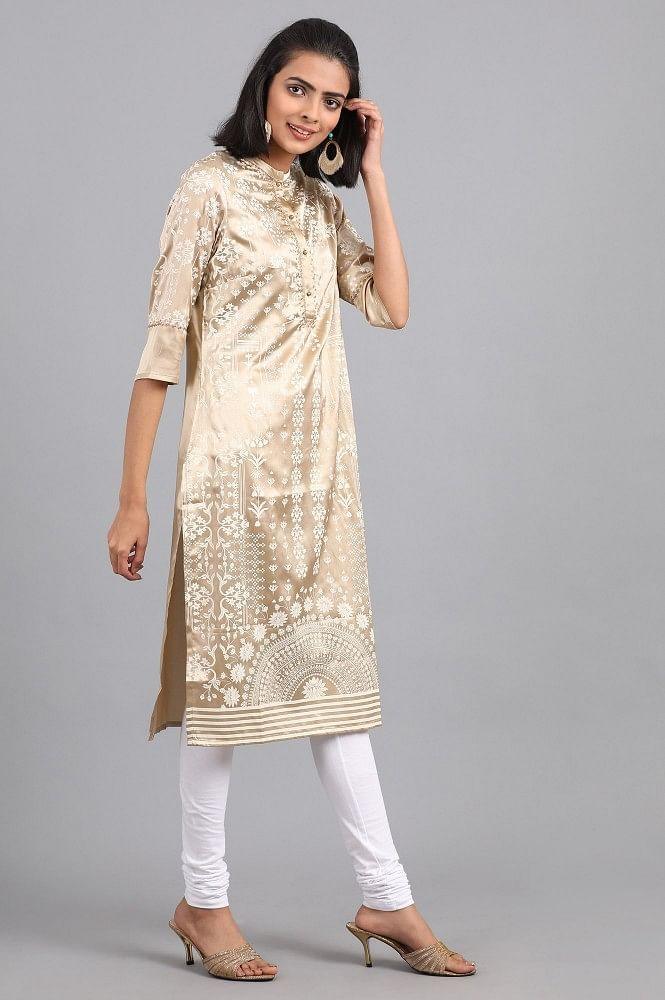 Golden Mandarin Neck Printed kurta - wforwoman