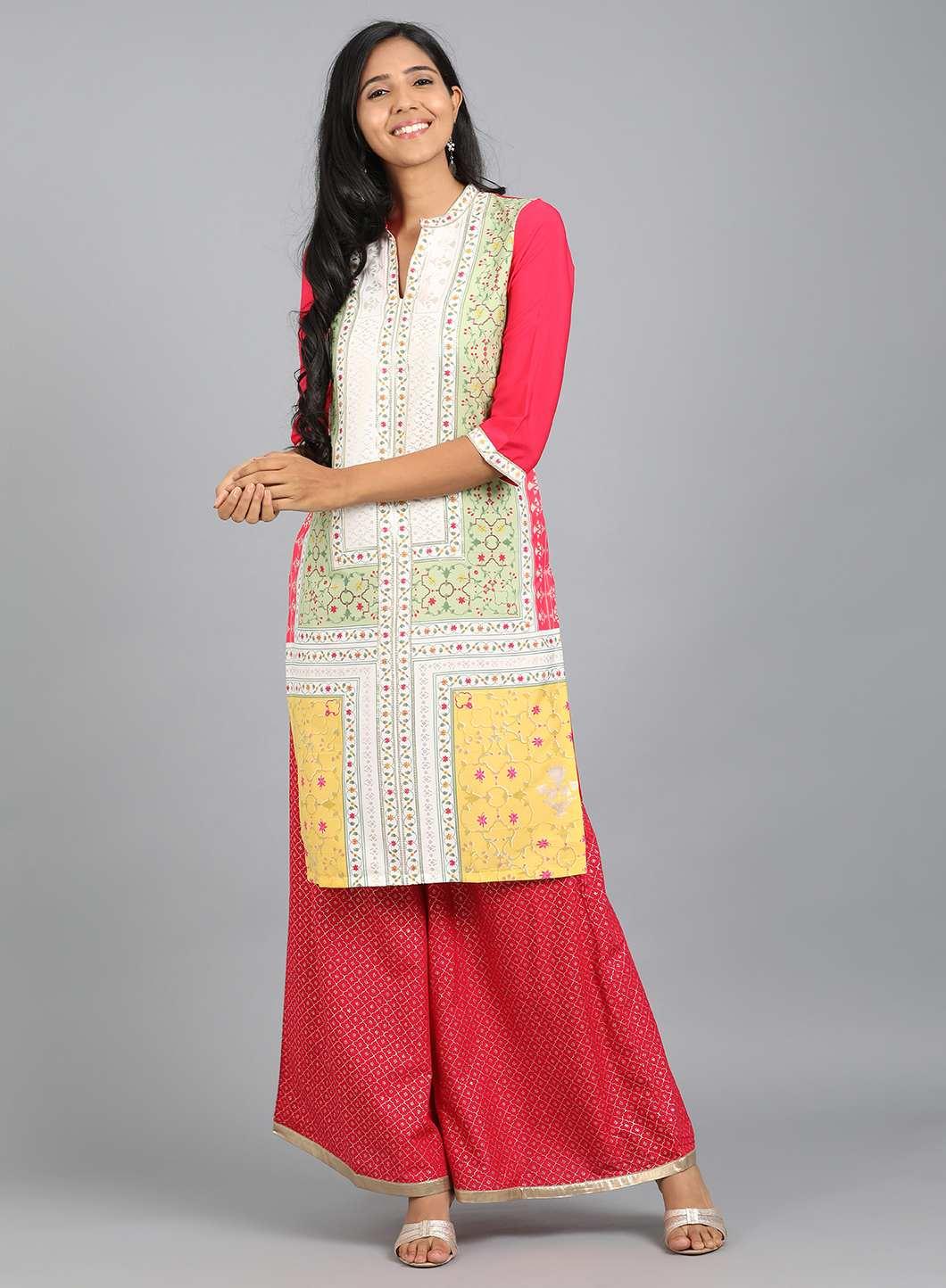 Green Mandarin Neck Printed kurta - wforwoman