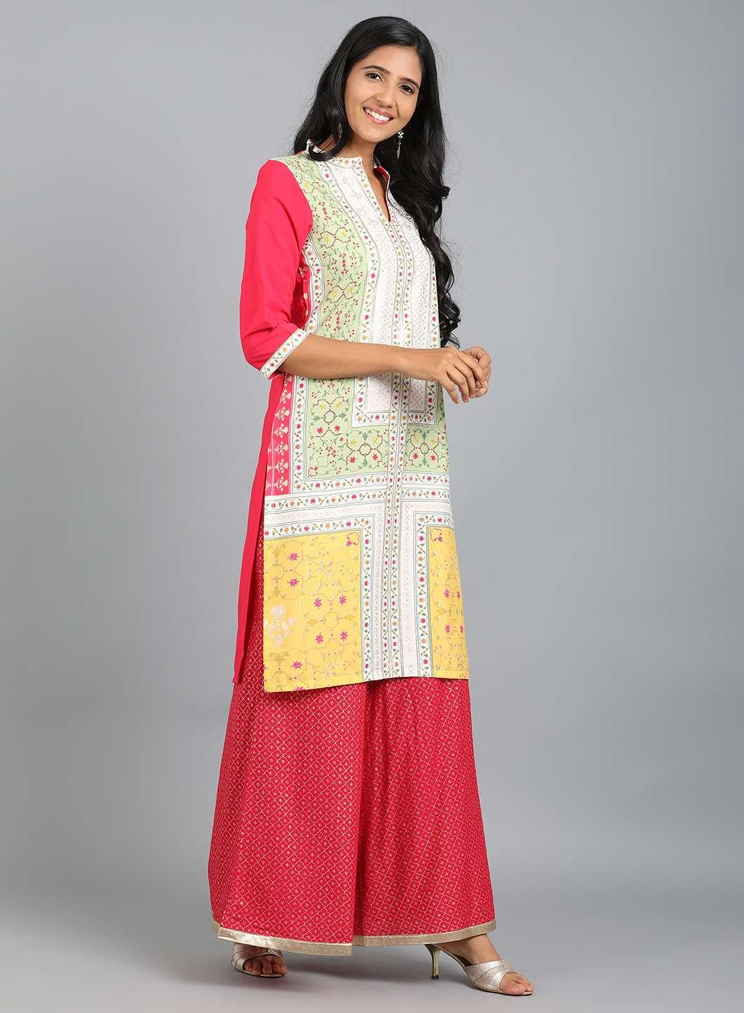 Green Mandarin Neck Printed kurta - wforwoman