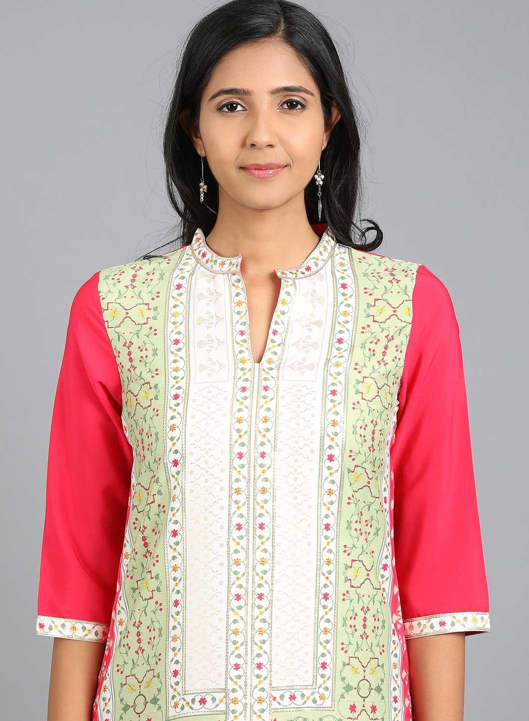 Green Mandarin Neck Printed kurta - wforwoman