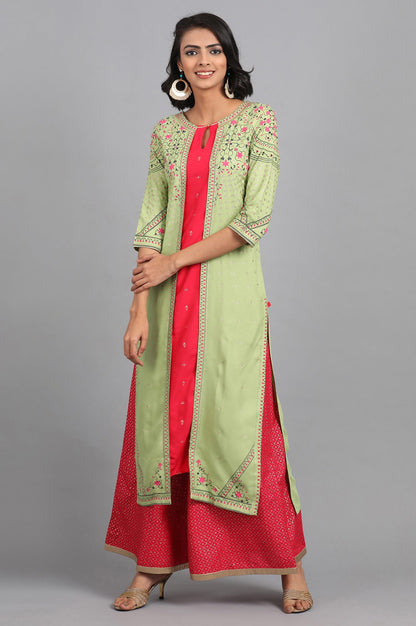 Green &amp; Pink Round Neck Printed kurta