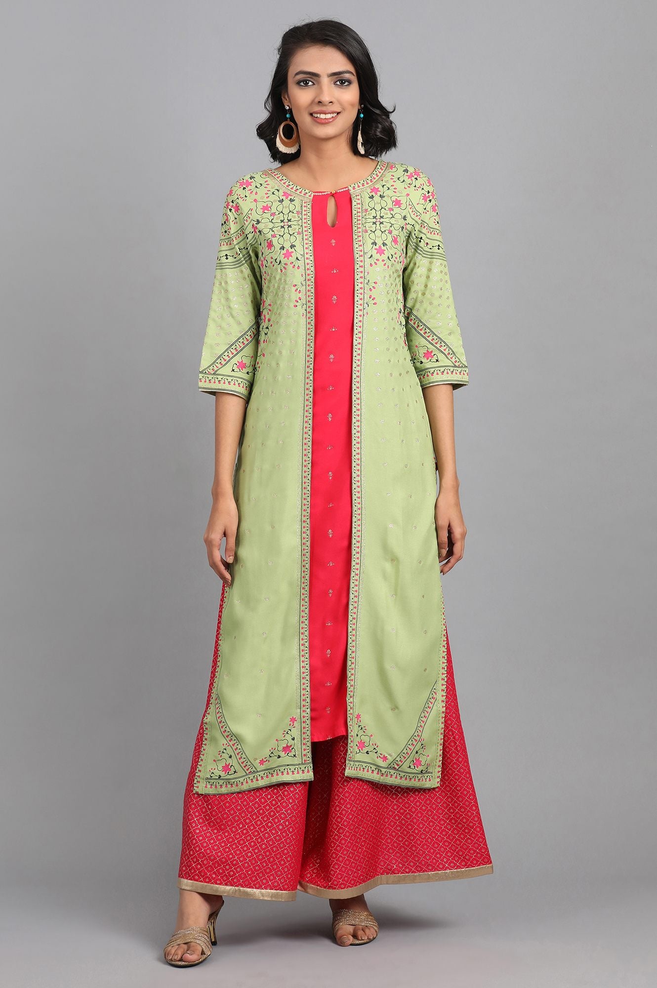 Green &amp; Pink Round Neck Printed kurta