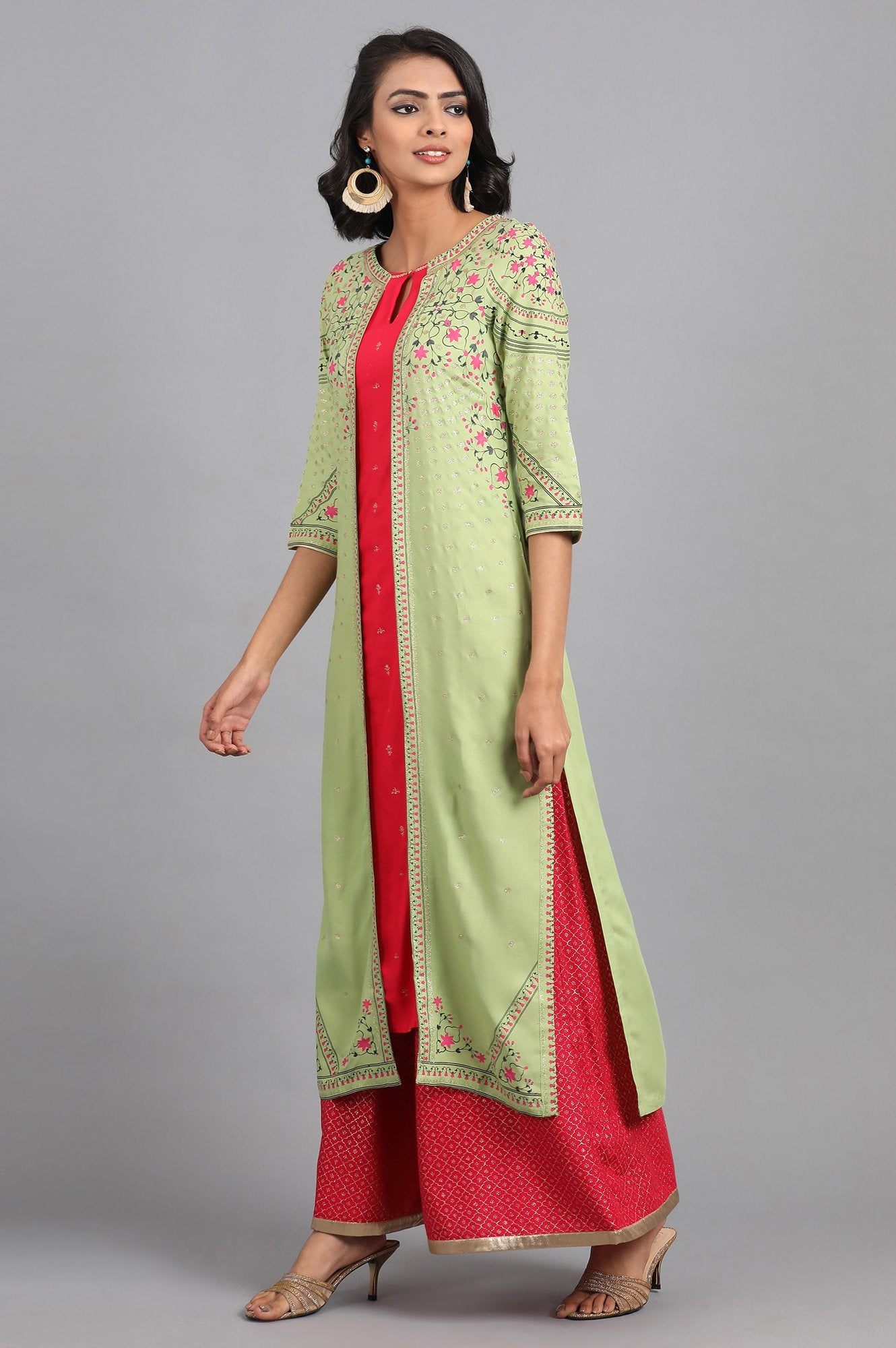 Green &amp; Pink Round Neck Printed kurta