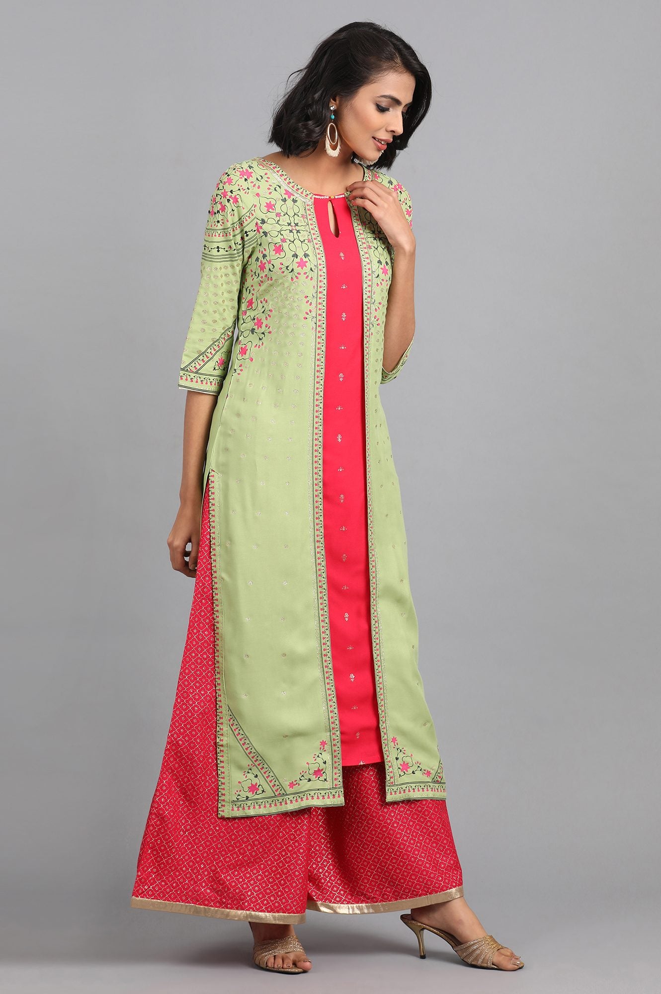 Green &amp; Pink Round Neck Printed kurta