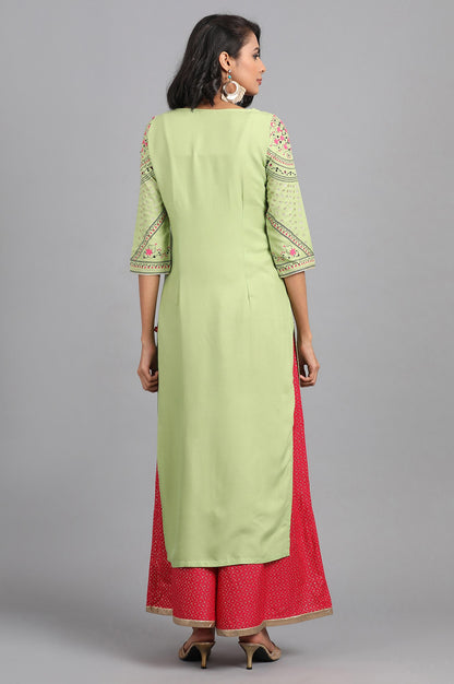 Green &amp; Pink Round Neck Printed kurta