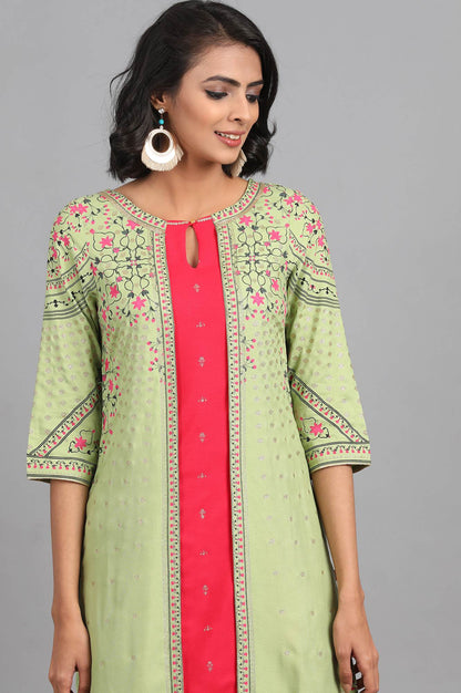 Green &amp; Pink Round Neck Printed kurta