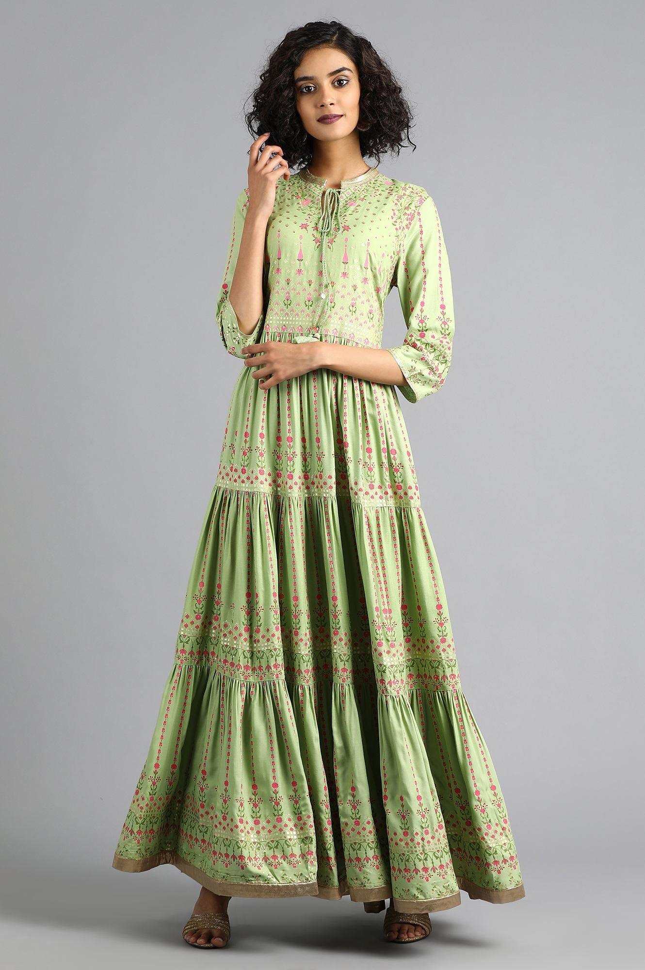 Green Mandarin Neck kurta Dress - wforwoman