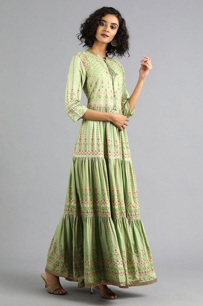 Green Mandarin Neck kurta Dress - wforwoman