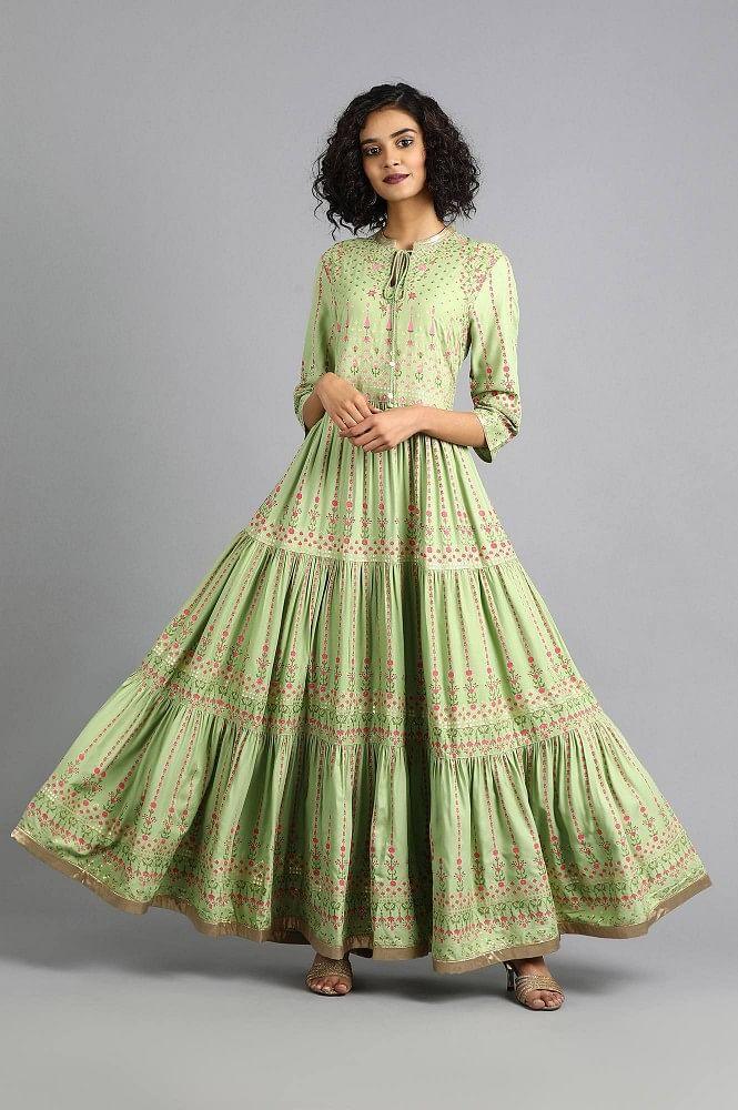 Green Mandarin Neck kurta Dress - wforwoman