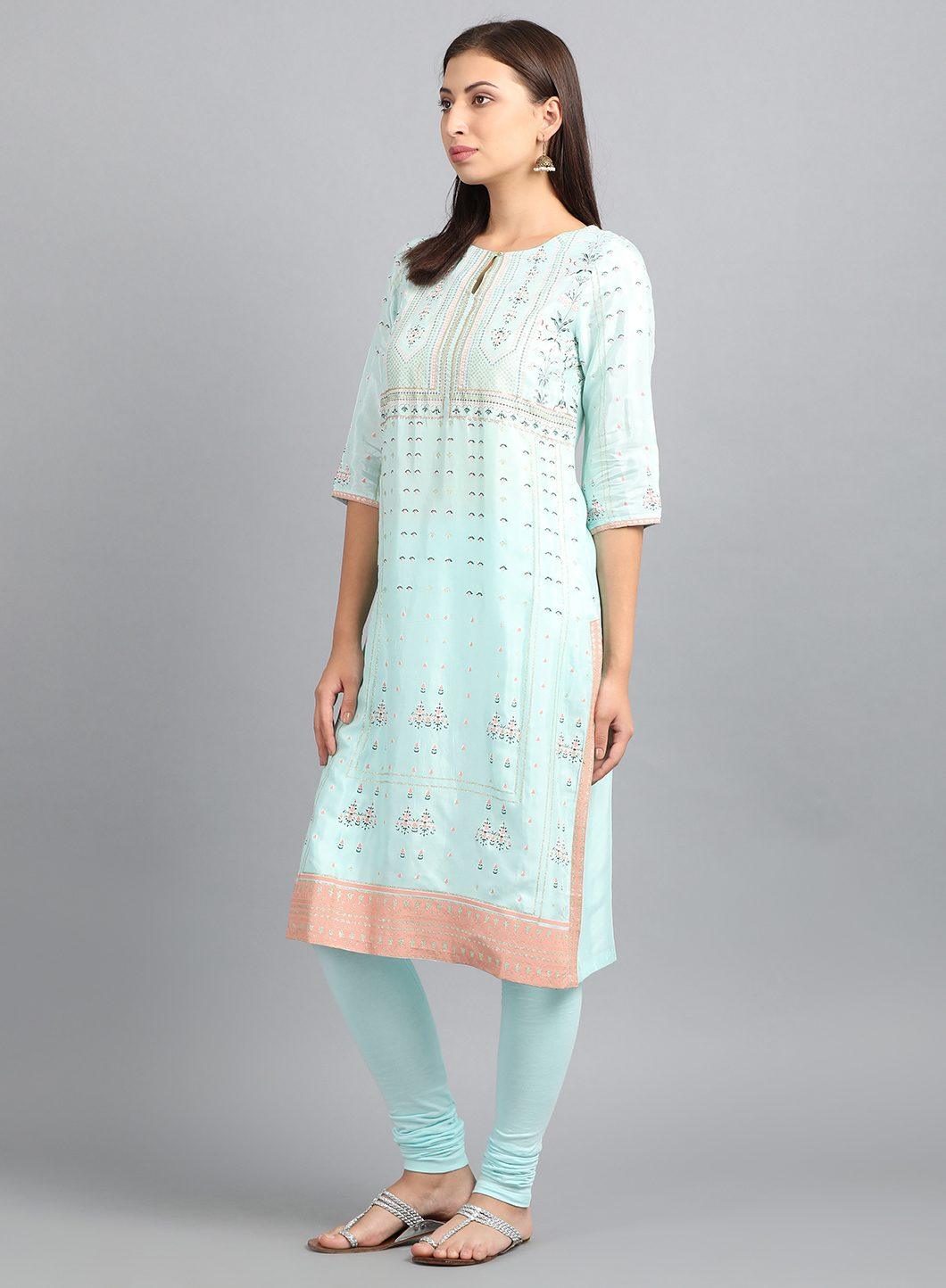 Light Blue Round Neck Printed kurta - wforwoman