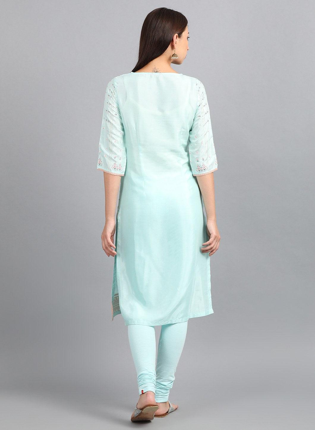 Light Blue Round Neck Printed kurta - wforwoman