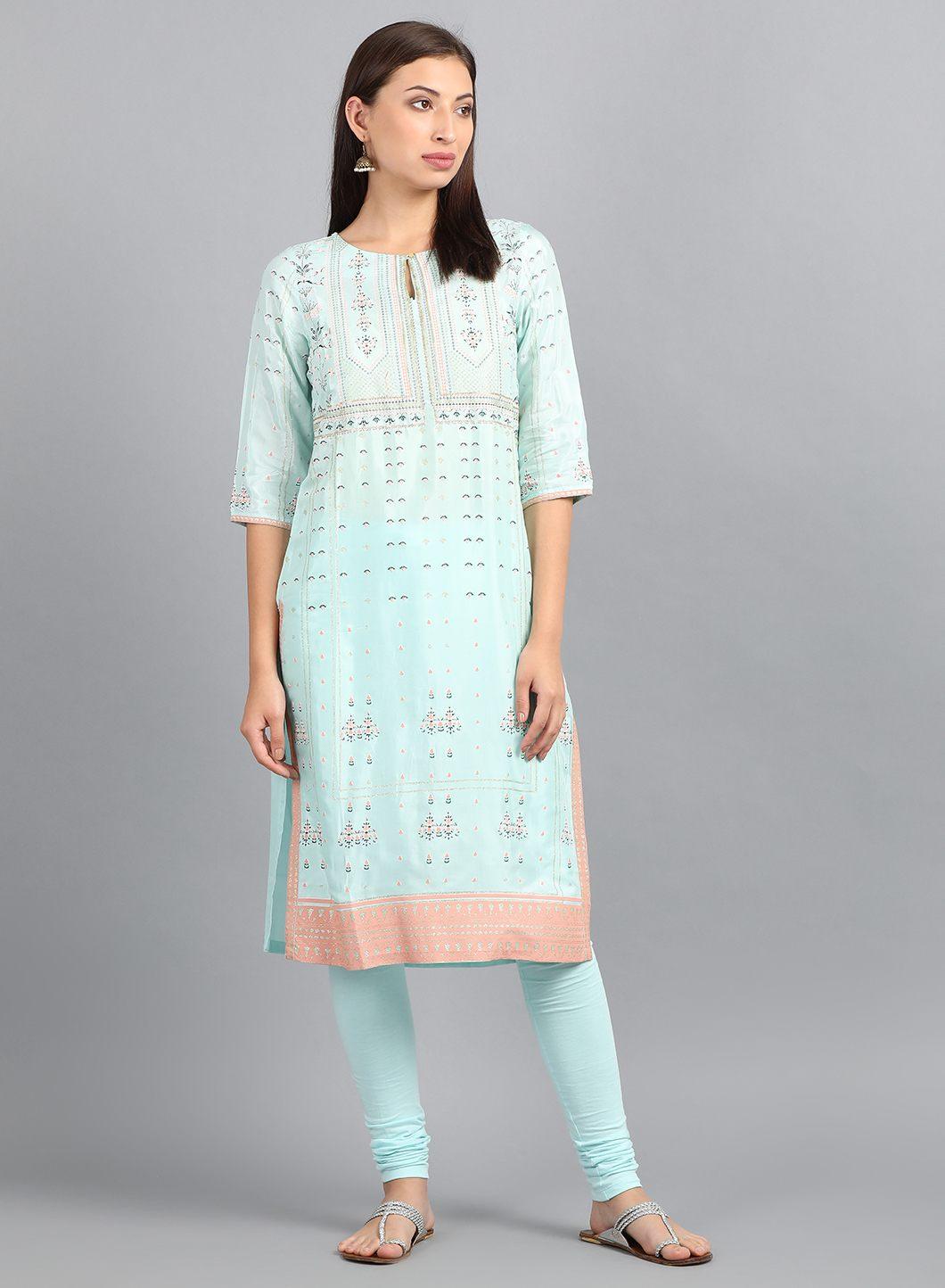 Light Blue Round Neck Printed kurta - wforwoman