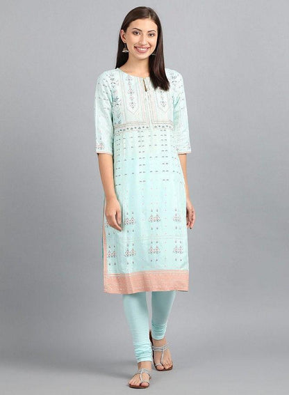 Light Blue Round Neck Printed kurta - wforwoman